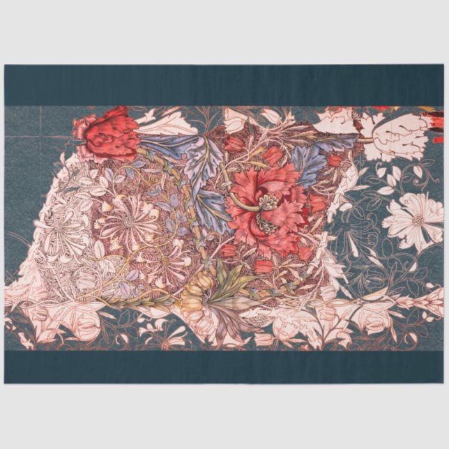 William Morris RED FLOWER ON BLUE Tissue Paper (Front)