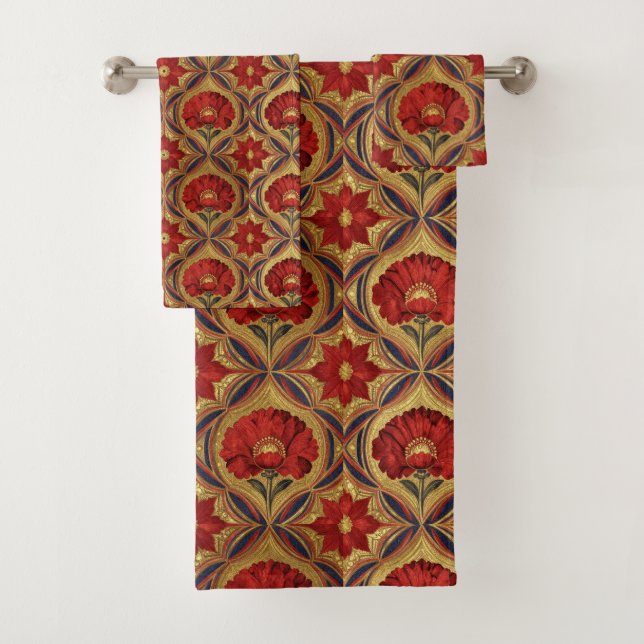 William Morris Red Gold Poppies Floral Pattern  Bath Towel Set (Insitu)