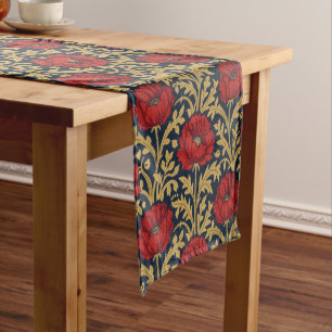 William Morris Red Gold Poppies Floral Pattern Short Table Runner