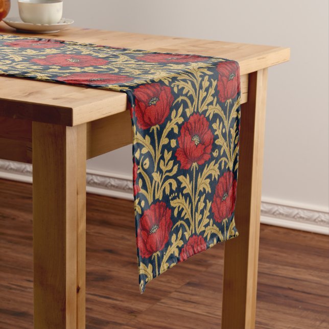 William Morris Red Gold Poppies Floral Pattern  Short Table Runner (In Situ)