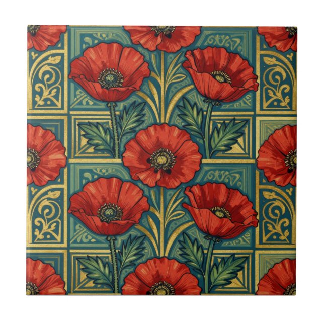 William Morris Red Gold Poppies geometric Floral  Tile (Front)