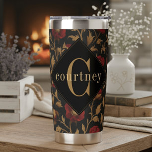 William Morris Red Gold Poppy Monogram Insulated Tumbler