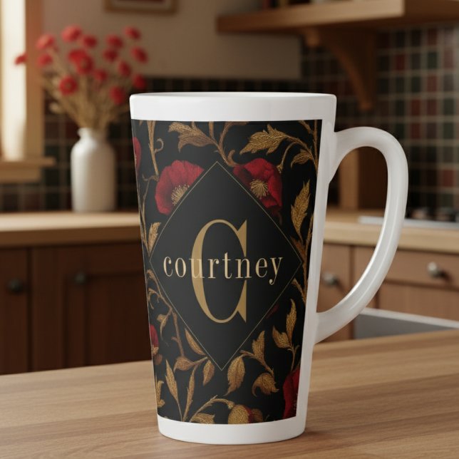 William Morris Red Gold Poppy Monogram Recipe Latte Mug (Creator Uploaded)