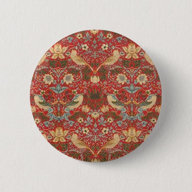 William Morris Red Strawberry Thief 6 Cm Round Badge (Front)
