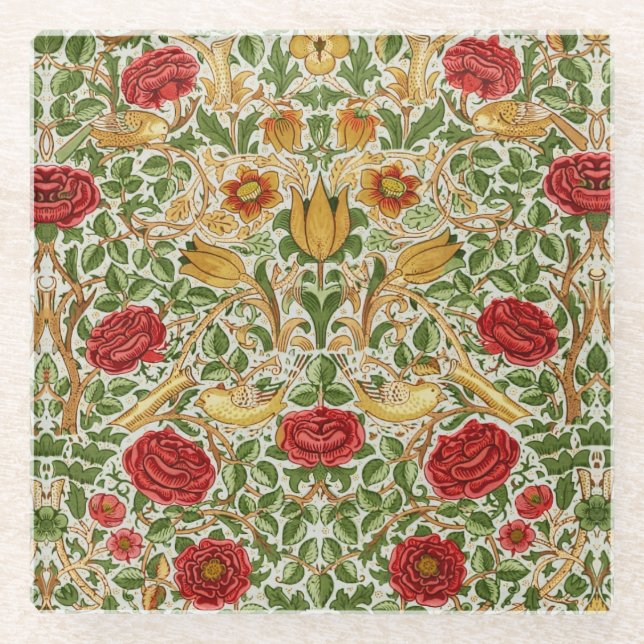 William Morris Rose & Birds Chintz Red Glass Coaster (Front)