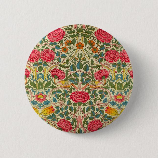 William Morris Rose Floral Chintz Pink 6 Cm Round Badge (Front)