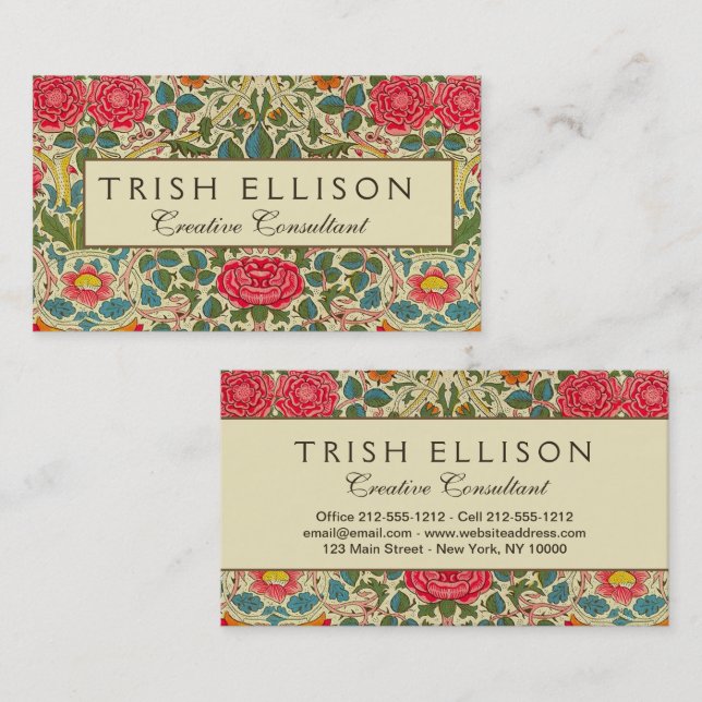 William Morris Rose Floral Chintz Pink Business Card (Front/Back)