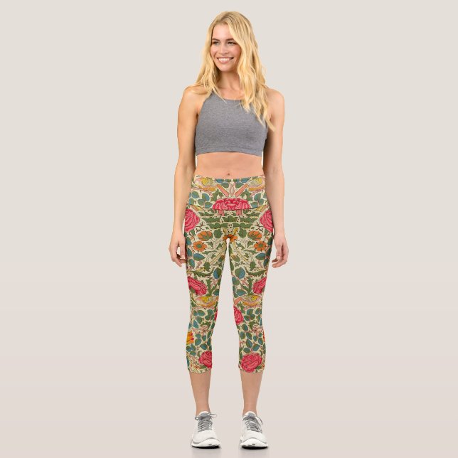William Morris Rose Floral Chintz Pink Capri Leggings (Front)