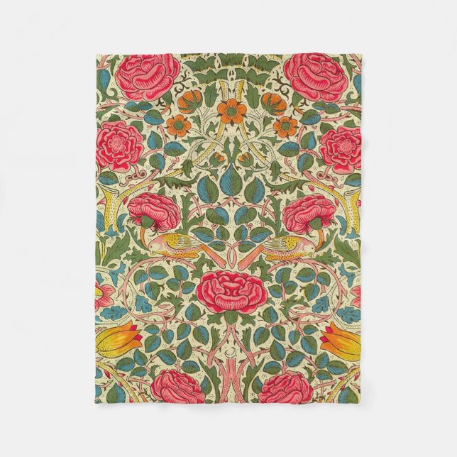 William Morris Rose Floral Chintz Pink Fleece Blanket (Front)
