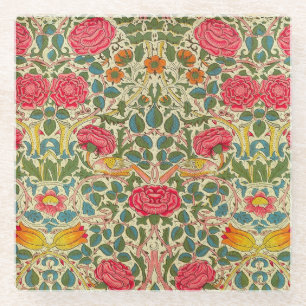 William Morris Rose Floral Chintz Pink Glass Coaster