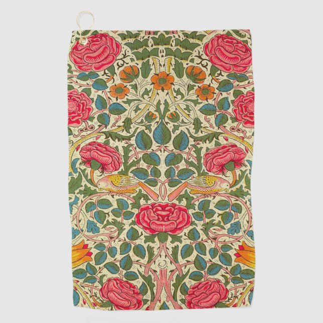 William Morris Rose Floral Chintz Pink Golf Towel (Front)