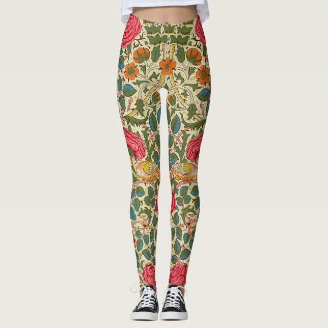 William Morris Rose Floral Chintz Pink Leggings (Front)