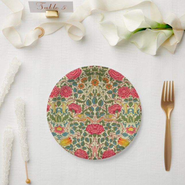 William Morris Rose Floral Chintz Pink Paper Plate (Wedding)