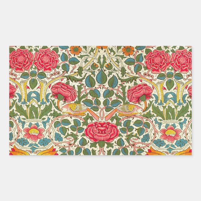 William Morris Rose Floral Chintz Pink Rectangular Sticker (Front)