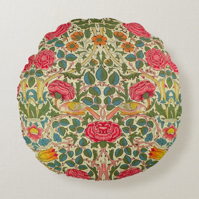 William Morris Rose Floral Chintz Pink Round Cushion (Front)