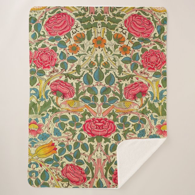 William Morris Rose Floral Chintz Pink Sherpa Blanket (Front)