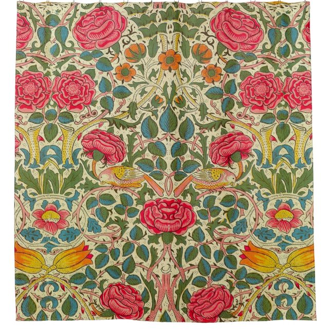 William Morris Rose Floral Chintz Pink Shower Curtain (Front)