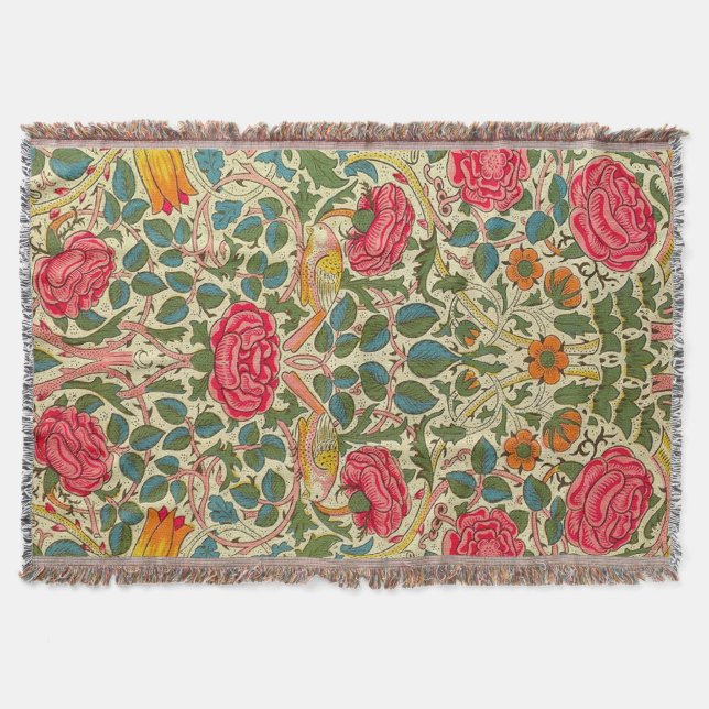 William Morris Rose Floral Chintz Pink Throw Blanket (Front)