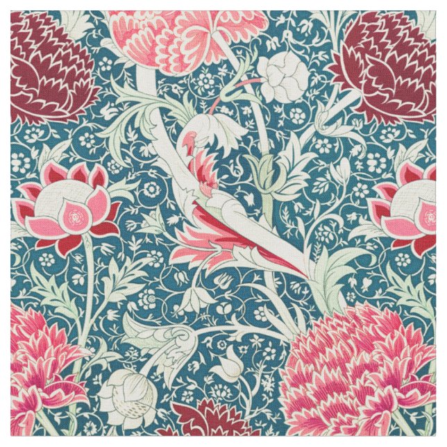 William Morris Rose Gold Green Blue Floral Pattern Fabric (Close Up)