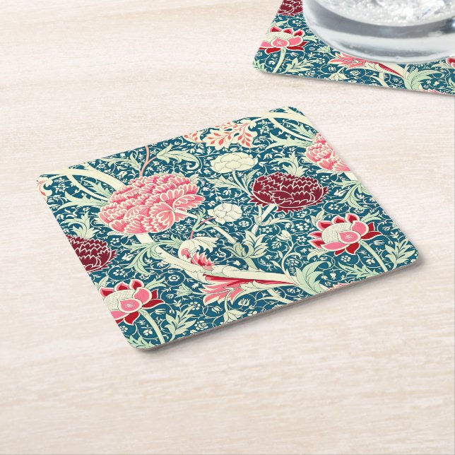 William Morris Rose Gold Green Blue Floral Pattern Square Paper Coaster (Angled)
