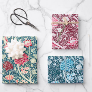 William Morris Rose Gold Green Blue Floral Pattern Wrapping Paper Sheet