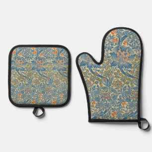 William Morris Rose & Thistle Floral Blue Oven Mitt & Pot Holder Set