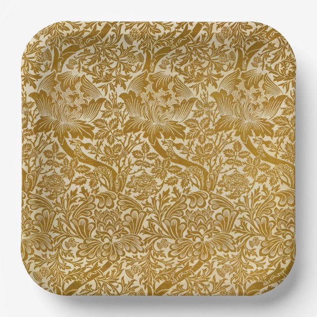 William Morris Rose & Thistle Floral Golden Paper Plate (Front)