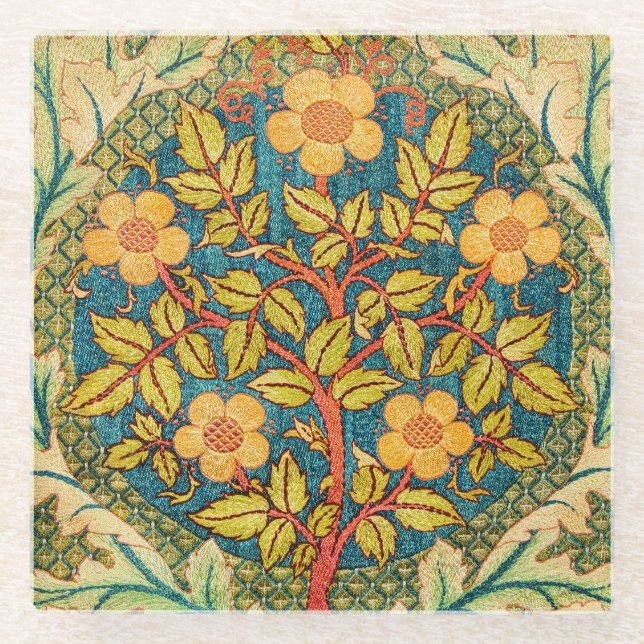 William Morris Rose Wreath: Classic Arts & Crafts  Glass Coaster (Front)