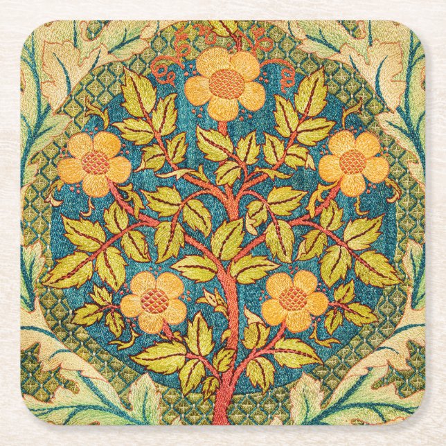 William Morris Rose Wreath: Classic Arts & Crafts  Square Paper Coaster (Front)