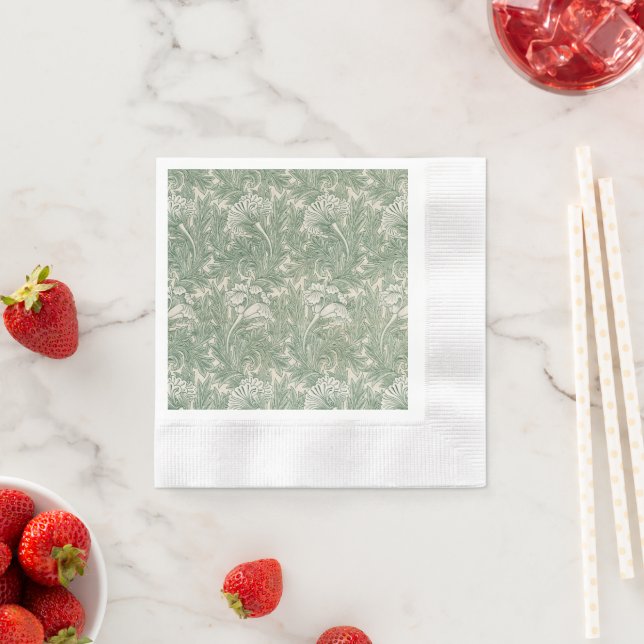 William Morris Sage Green Tulip Pattern: Vintage Napkin (Insitu)