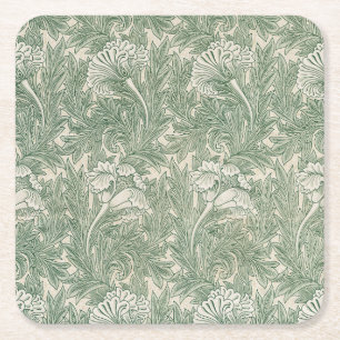 William Morris Sage Green Tulip Pattern: Vintage Square Paper Coaster