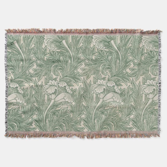 William Morris Sage Green Tulip Pattern: Vintage Throw Blanket (Front)