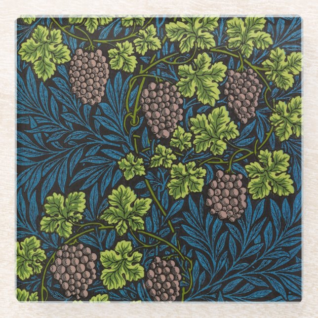 William Morris Seamless Grape Vine Black Pattern Glass Coaster (Front)