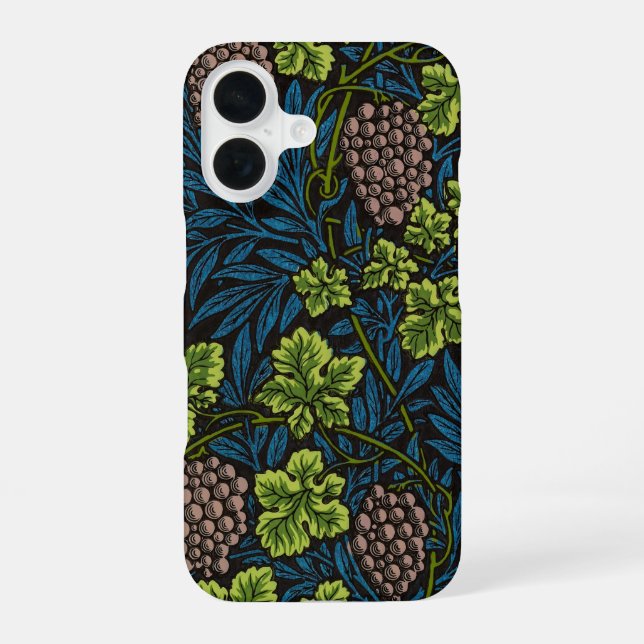 William Morris Seamless Grape Vine Black Pattern iPhone 16 Case (Back)