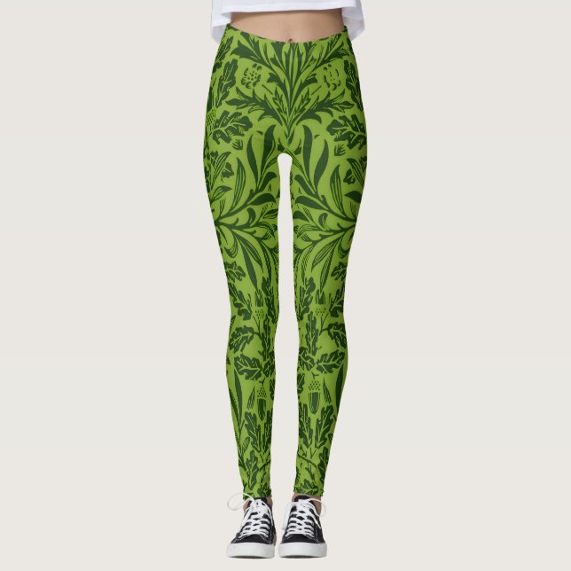 William Morris Seamless Green Oak Leaf Pattern Leggings (Front)