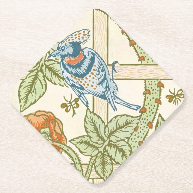 William Morris Seamless Trellis Bird Rose Pattern Paper Coaster (Front)