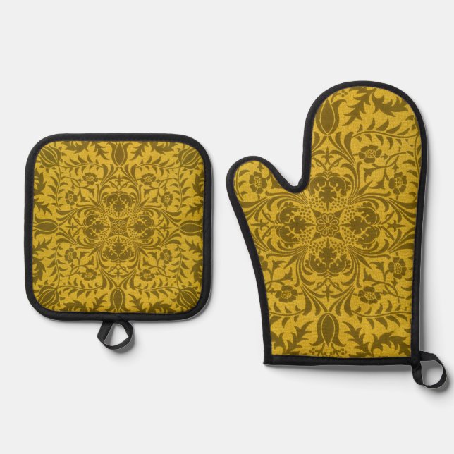 William Morris Seamless Vine Gold Yellow Pattern Oven Mitt & Pot Holder Set (Front)