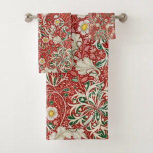 William Morris Seaweed Antique Flower Red Green Bath Towel Set