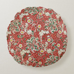 William Morris Seaweed Antique Flower Red Green Round Cushion