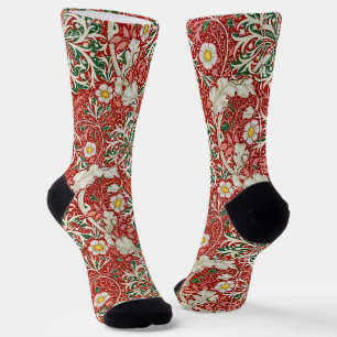 William Morris Seaweed Antique Flower Red Green Socks