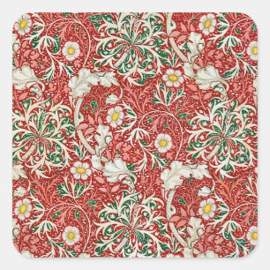 William Morris Seaweed Antique Flower Red Green Square Sticker