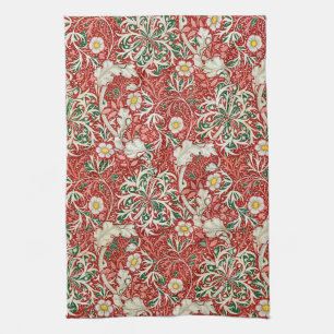 William Morris Seaweed Antique Flower Red Green Tea Towel