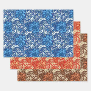 William Morris Seaweed Floral, Blue Coral & Brown  Wrapping Paper Sheet