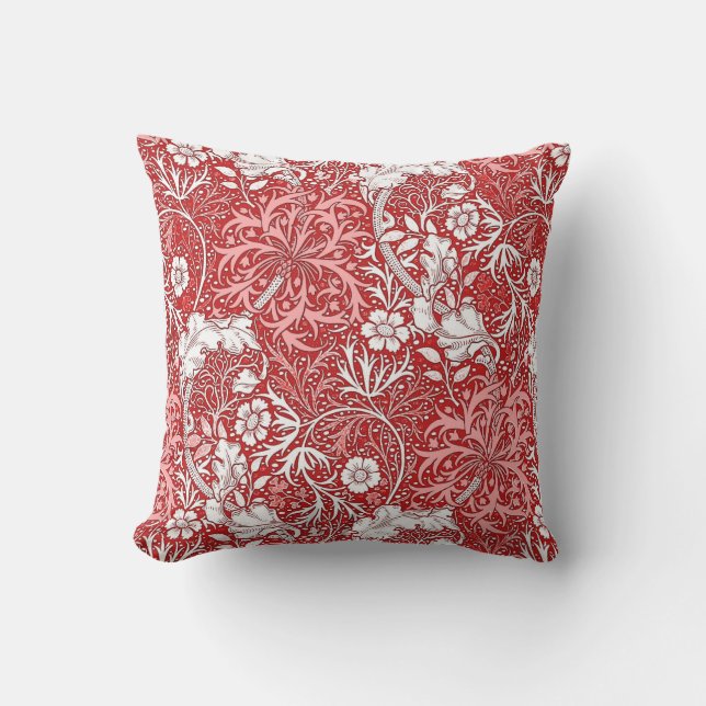 William Morris Seaweed Floral, Deep Red and White Cushion (Front)