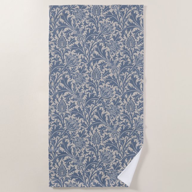 William Morris Slate Blue Thistle Wallpaper Beach Towel (Front)