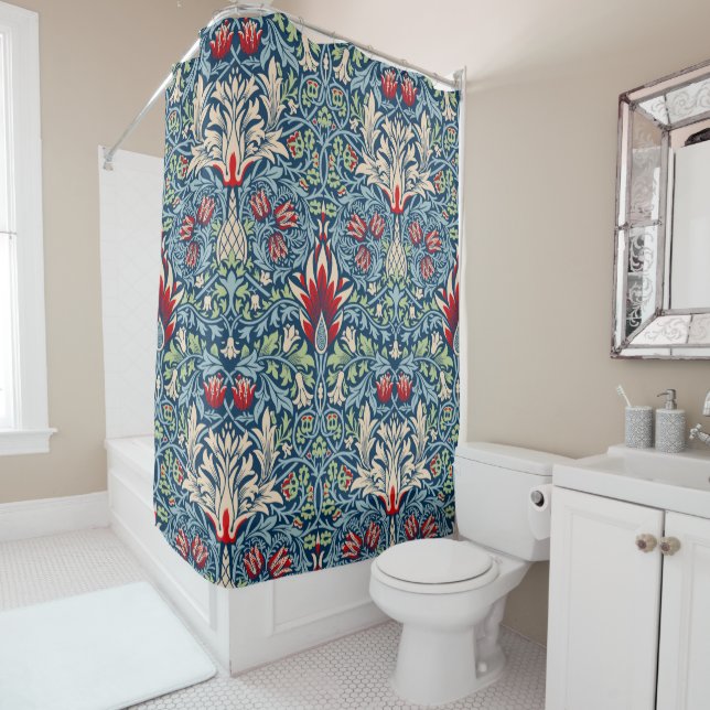 William Morris Snakeshead Fritillary Floral Design Shower Curtain (In Situ)