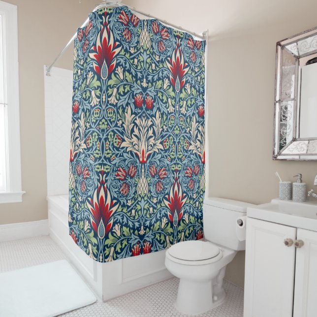 William Morris Snakeshead Fritillary Floral Design Shower Curtain (In Situ)