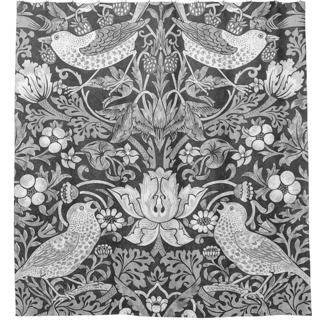 William Morris Strawberry Thief Black And White Shower Curtain (Front)