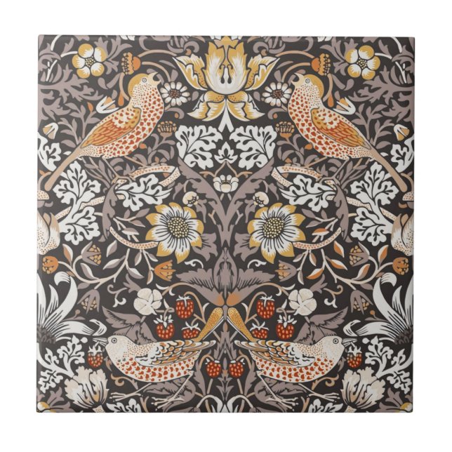 William Morris Strawberry Thief Charcoal Ochre Tile (Front)