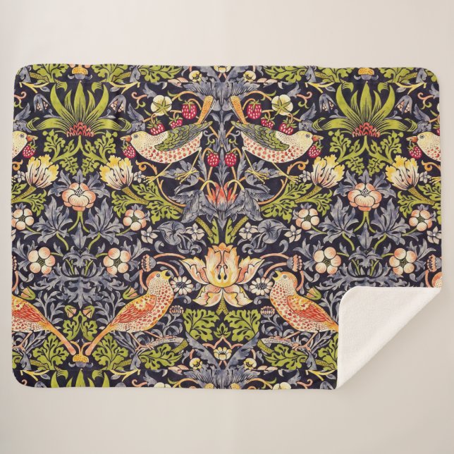 William Morris Strawberry Thief Floral Art Nouveau Sherpa Blanket (Front (Horizontal))